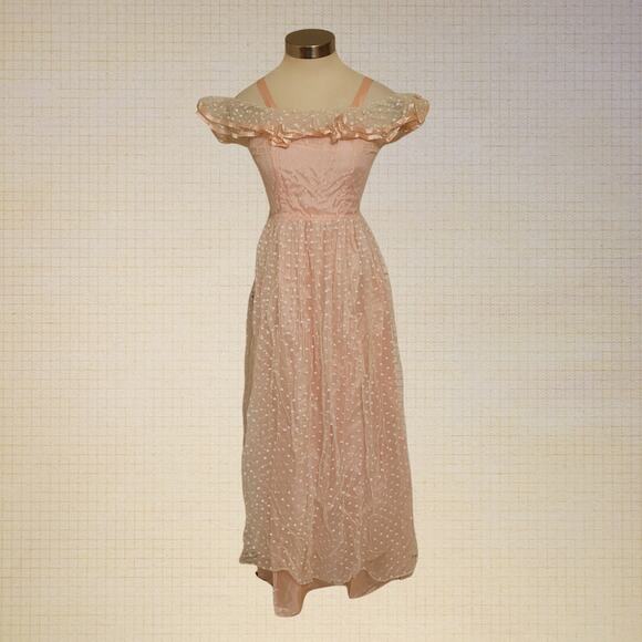 Glenrob Dresses & Skirts - 80s 90s Cottagecore Glenrob Off Shoulder Polka Dot Lace Dress Size 9 10 Pleated